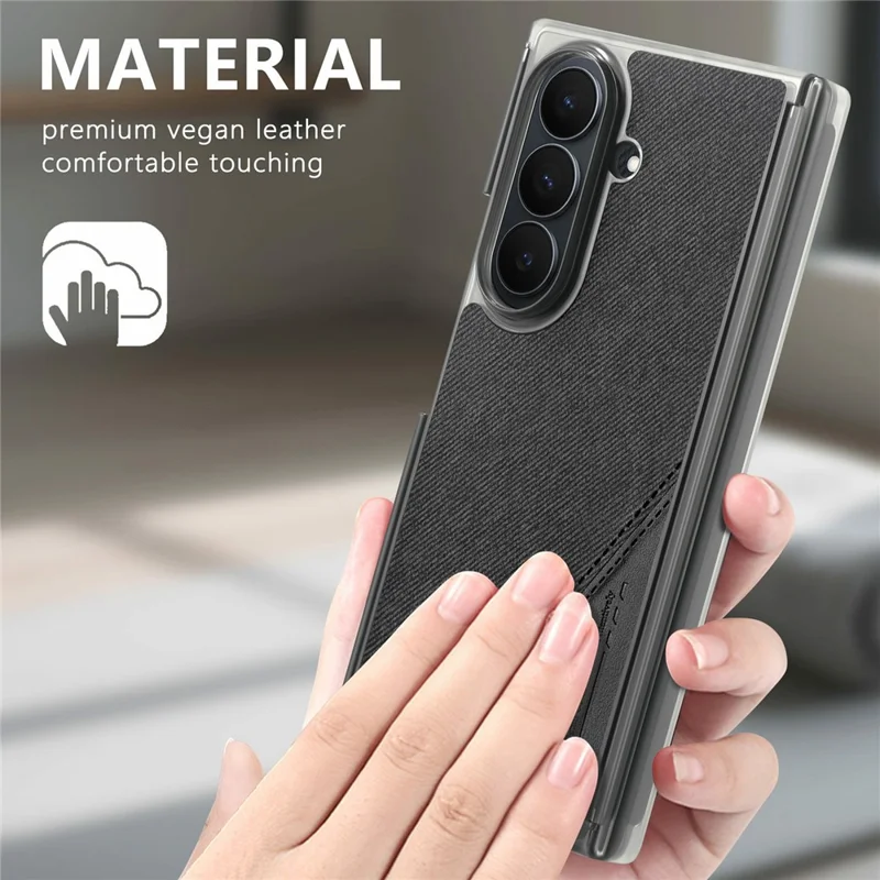 For Samsung Galaxy Z TriFold 5G Magnetic Phone Case Splicing Cloth Texture Leather Cover Dual Mid-axis Protection - Black