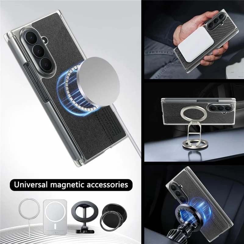 For Samsung Galaxy Z TriFold 5G Magnetic Phone Case Splicing Cloth Texture Leather Cover Dual Mid-axis Protection - Black