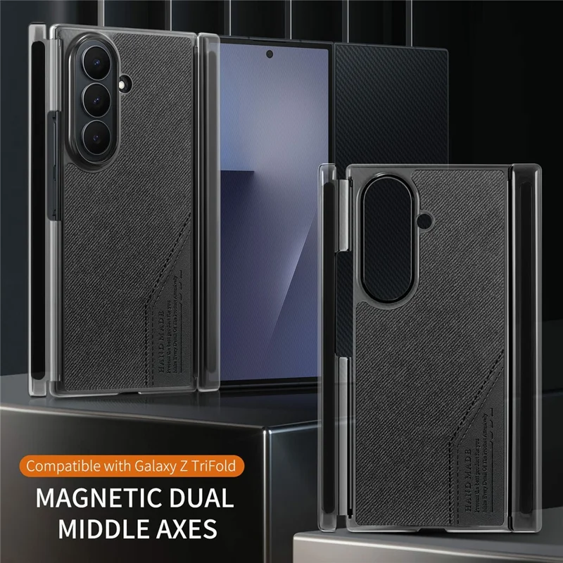 For Samsung Galaxy Z TriFold 5G Magnetic Phone Case Splicing Cloth Texture Leather Cover Dual Mid-axis Protection - Black