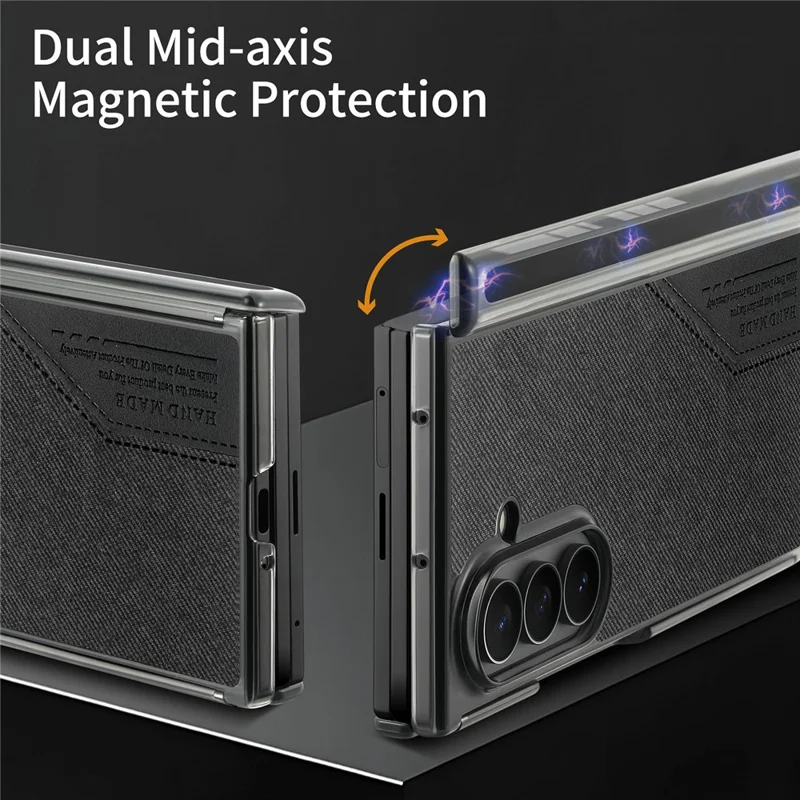 For Samsung Galaxy Z TriFold 5G Magnetic Phone Case Splicing Cloth Texture Leather Cover Dual Mid-axis Protection - Black