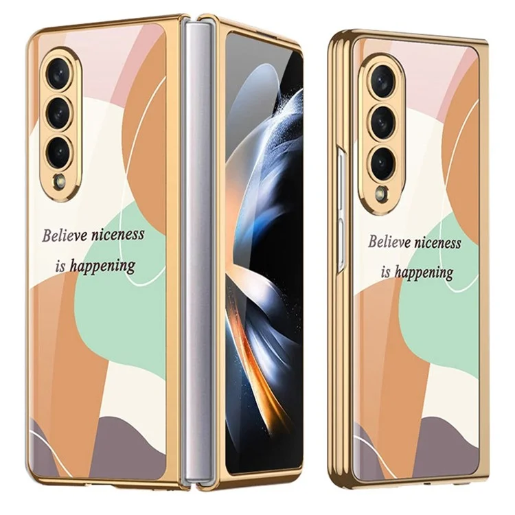 GKK For Samsung Galaxy Z Fold4 5G Tempered Glass Folding Phone Case Electroplated  Pattern Printing Hard PC Shockproof Back Cover - Contrast Color 01