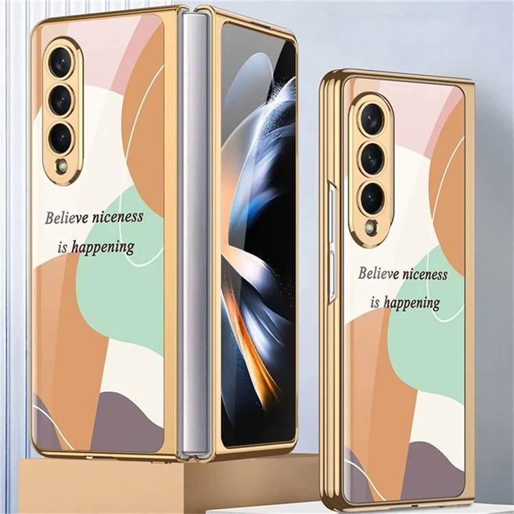 GKK For Samsung Galaxy Z Fold4 5G Tempered Glass Folding Phone Case Electroplated  Pattern Printing Hard PC Shockproof Back Cover - Contrast Color 01