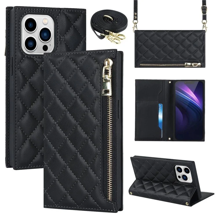 For iPhone 13 Pro Max 6.7 inch Shockproof Rhombus Imprinted Phone Case PU Leather Zipper Pocket Wallet Stand Cover with Shoulder Strap - Black