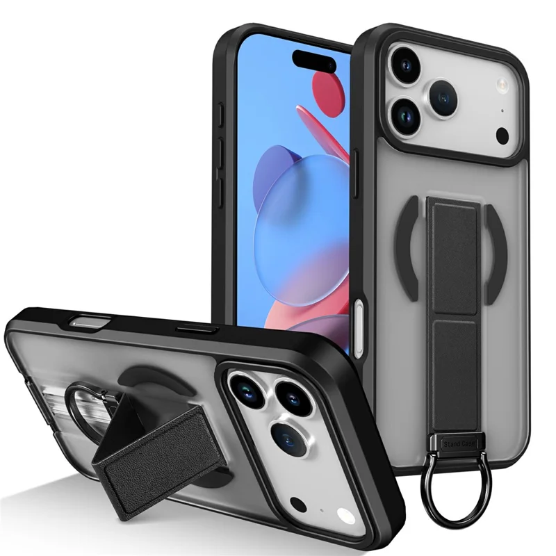 For iPhone 17 Pro Magnetic Case with Folding Kickstand  /  Ring Holder TPU + PC Phone Back Cover - Black