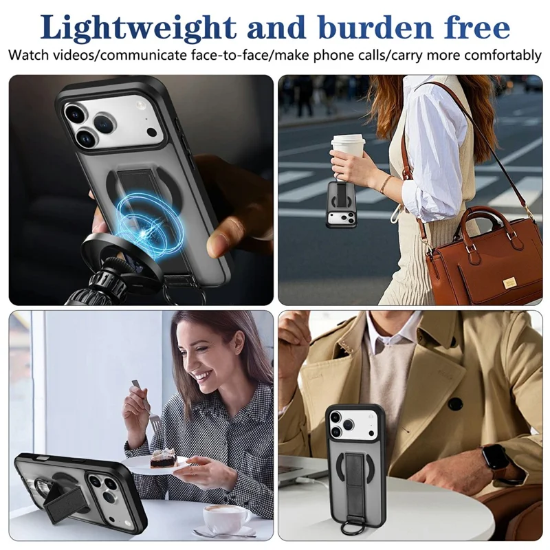 For iPhone 17 Pro Magnetic Case with Folding Kickstand  /  Ring Holder TPU + PC Phone Back Cover - Black