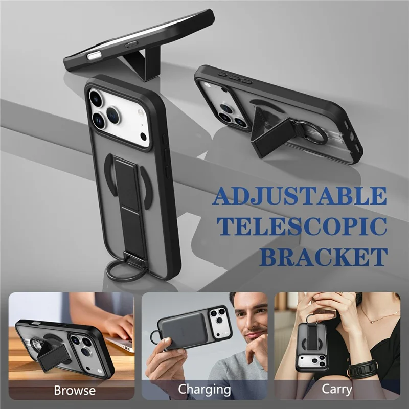 For iPhone 17 Pro Max Magnetic Case with Folding Kickstand  /  Ring Holder TPU + PC Phone Back Cover - Black