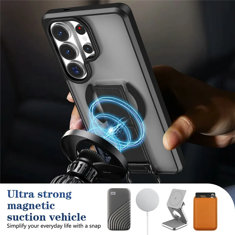 For Samsung Galaxy S25 Ultra Magnetic Case with Folding Kickstand  /  Ring Holder TPU + PC Phone Back Cover - Black