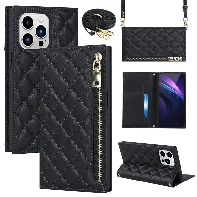 For iPhone 13 Pro 6.1 inch Stitching Rhombus Texture PU Leather Zipper Pocket Phone Case Wallet Stand Cover with Long Strap - Black
