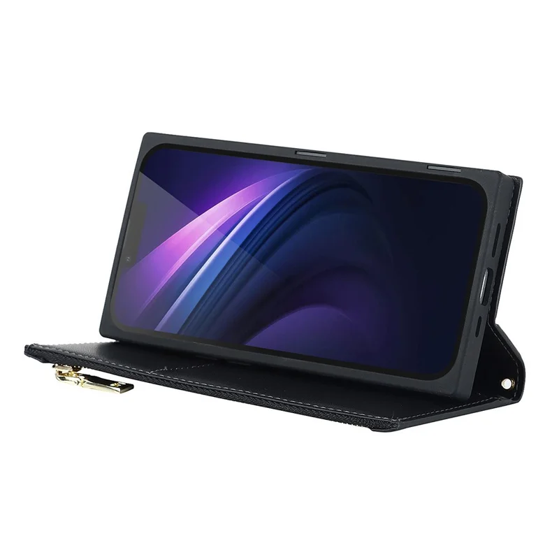 For iPhone 13 Pro 6.1 inch Stitching Rhombus Texture PU Leather Zipper Pocket Phone Case Wallet Stand Cover with Long Strap - Black