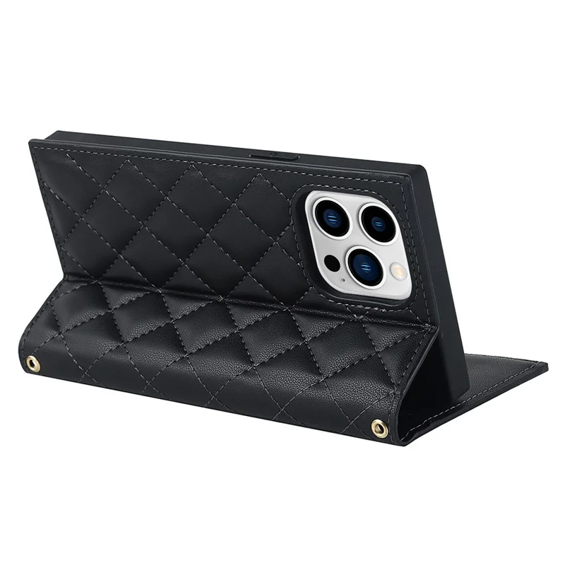 For iPhone 13 Pro 6.1 inch Stitching Rhombus Texture PU Leather Zipper Pocket Phone Case Wallet Stand Cover with Long Strap - Black