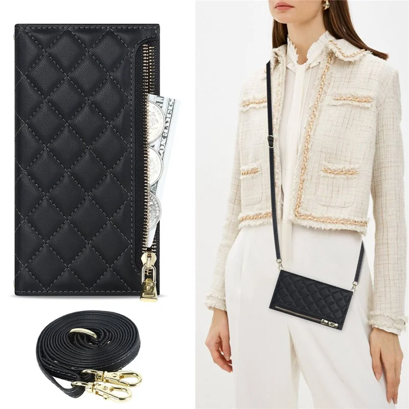 For iPhone 13 Pro 6.1 inch Stitching Rhombus Texture PU Leather Zipper Pocket Phone Case Wallet Stand Cover with Long Strap - Black