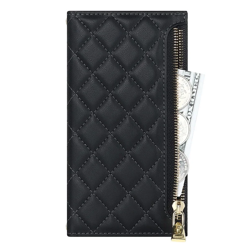 For iPhone 13 Pro 6.1 inch Stitching Rhombus Texture PU Leather Zipper Pocket Phone Case Wallet Stand Cover with Long Strap - Black