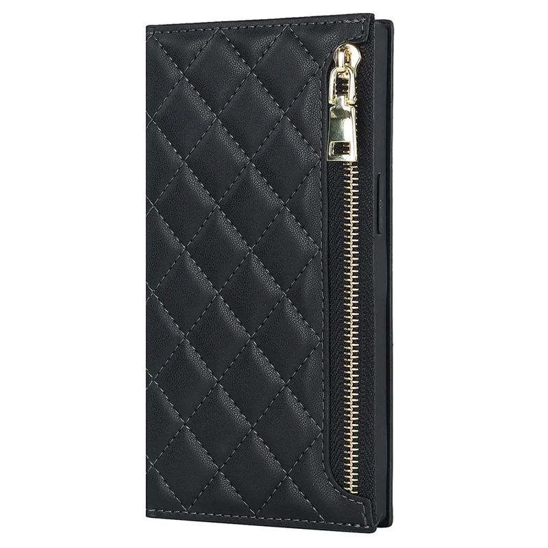 For iPhone 13 Pro 6.1 inch Stitching Rhombus Texture PU Leather Zipper Pocket Phone Case Wallet Stand Cover with Long Strap - Black