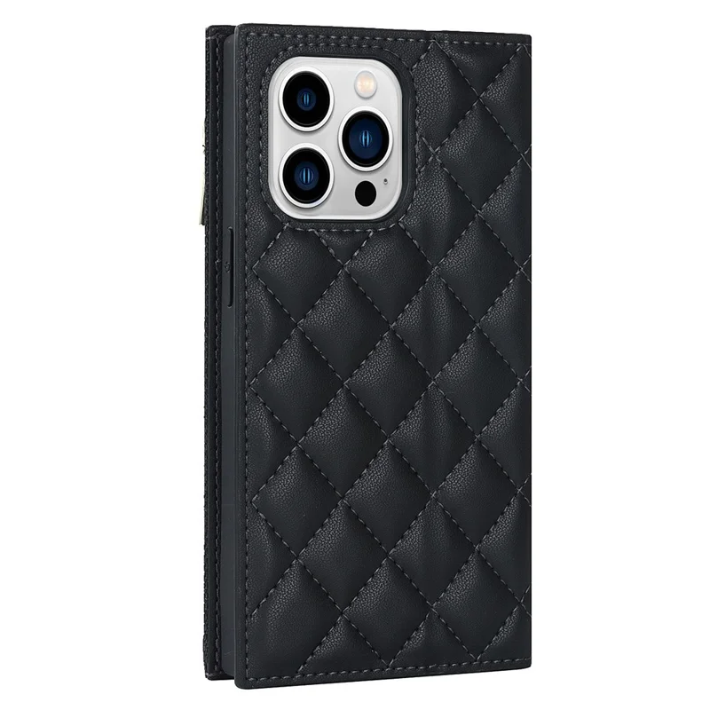 For iPhone 13 Pro 6.1 inch Stitching Rhombus Texture PU Leather Zipper Pocket Phone Case Wallet Stand Cover with Long Strap - Black