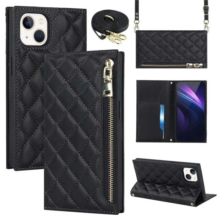 Per Iphone 13 6,1 Pollici di Spalla PU PU Pucper Capper Cappica Puggi Rhumbus Portafoglio Copertina Del Telefono Con Cinturino Lungo - Nero