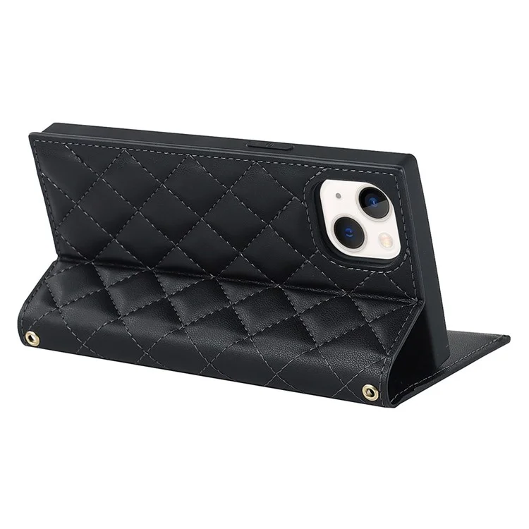 Per Iphone 13 6,1 Pollici di Spalla PU PU Pucper Capper Cappica Puggi Rhumbus Portafoglio Copertina Del Telefono Con Cinturino Lungo - Nero