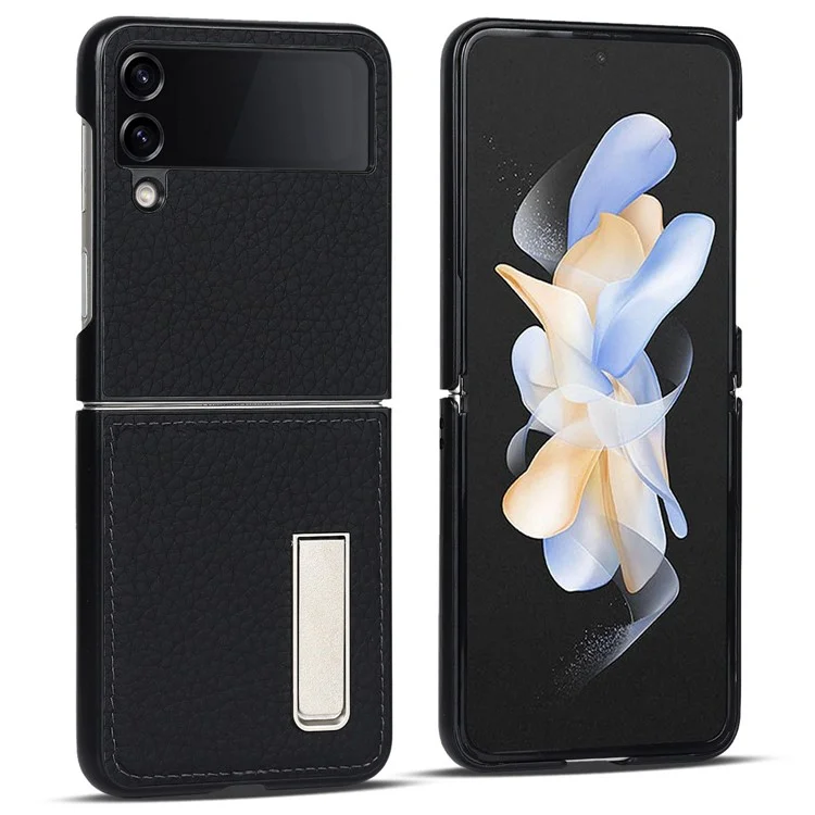 Para Samsung Galaxy Z Flip4 5g Case de Teléfono Plegable Litchi Textura Cubierta de PC Recubierta de Cuero Genuina Con Kickstand - Negro