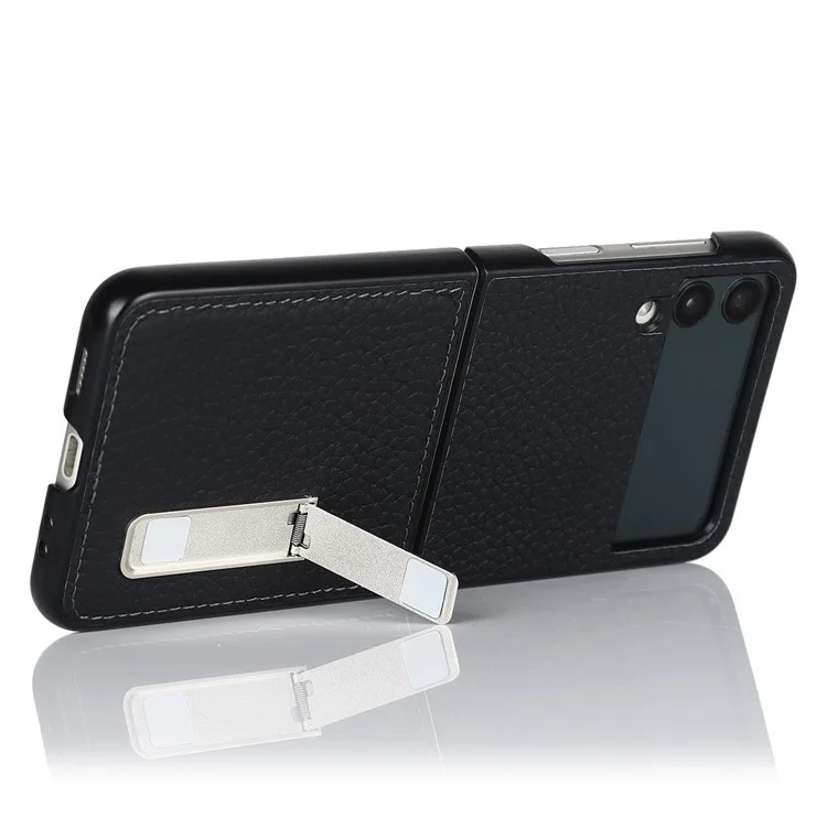 Para Samsung Galaxy Z Flip4 5g Case de Teléfono Plegable Litchi Textura Cubierta de PC Recubierta de Cuero Genuina Con Kickstand - Negro