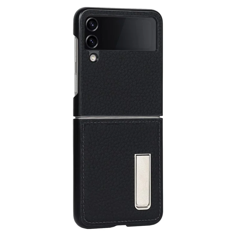 Para Samsung Galaxy Z Flip4 5g Case de Teléfono Plegable Litchi Textura Cubierta de PC Recubierta de Cuero Genuina Con Kickstand - Negro