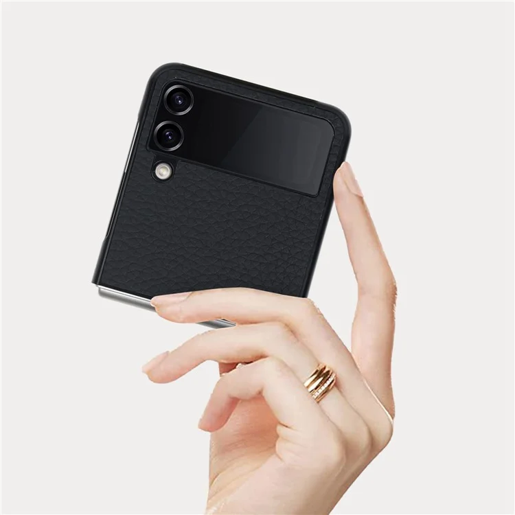 Para Samsung Galaxy Z Flip4 5g Case de Teléfono Plegable Litchi Textura Cubierta de PC Recubierta de Cuero Genuina Con Kickstand - Negro
