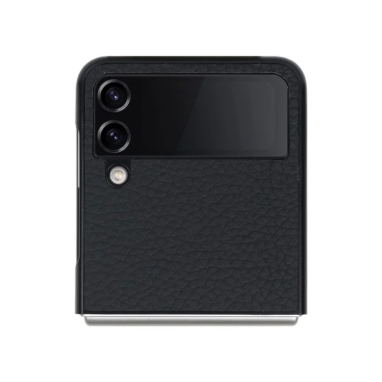 Para Samsung Galaxy Z Flip4 5g Case de Teléfono Plegable Litchi Textura Cubierta de PC Recubierta de Cuero Genuina Con Kickstand - Negro