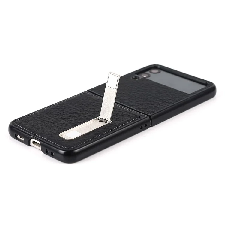 Para Samsung Galaxy Z Flip4 5g Case de Teléfono Plegable Litchi Textura Cubierta de PC Recubierta de Cuero Genuina Con Kickstand - Negro