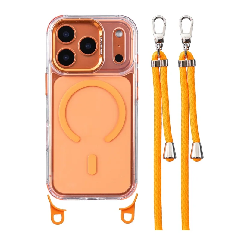 Funda para iPhone 17 Pro compatible con MagSafe, funda transparente de acrílico + TPU con cordón ajustable - Naranja transparente