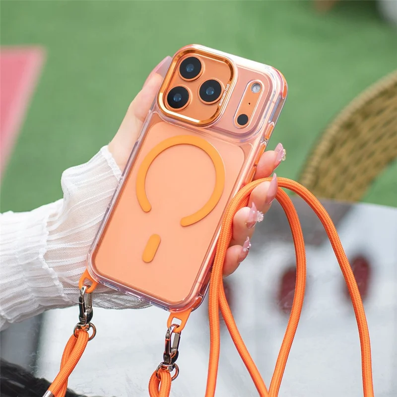 Funda para iPhone 17 Pro compatible con MagSafe, funda transparente de acrílico + TPU con cordón ajustable - Naranja transparente