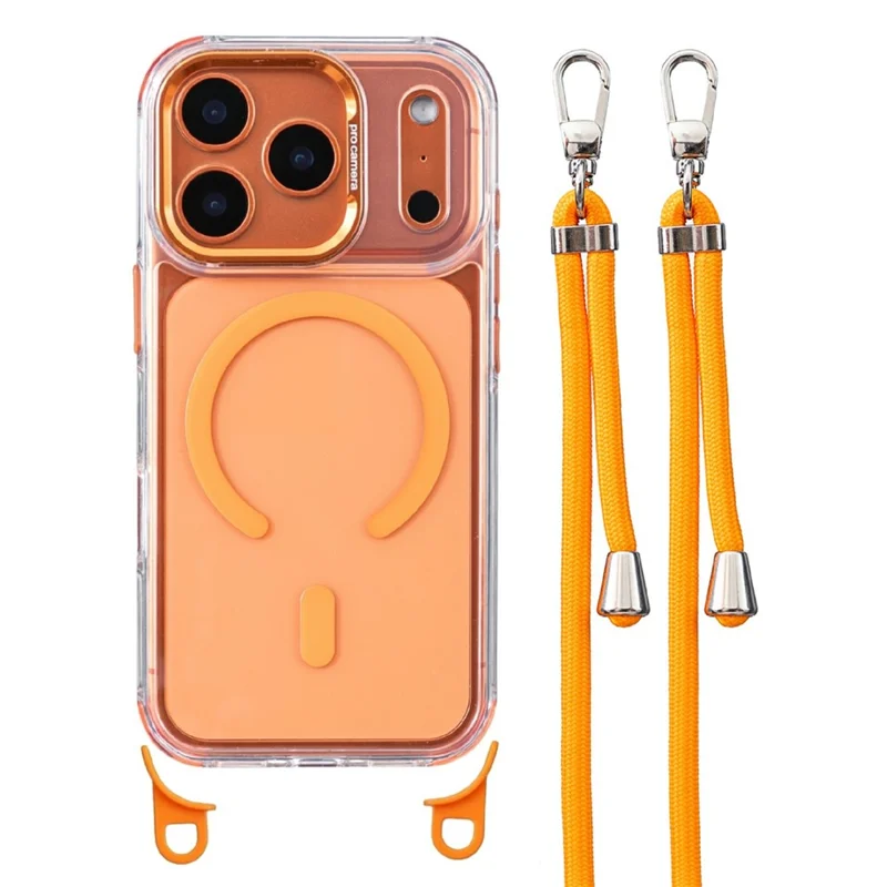 For iPhone 17 Pro Max Case Compatible with MagSafe Clear Acrylic + TPU Phone Cover with Adjustable Lanyard - Transparent Orange