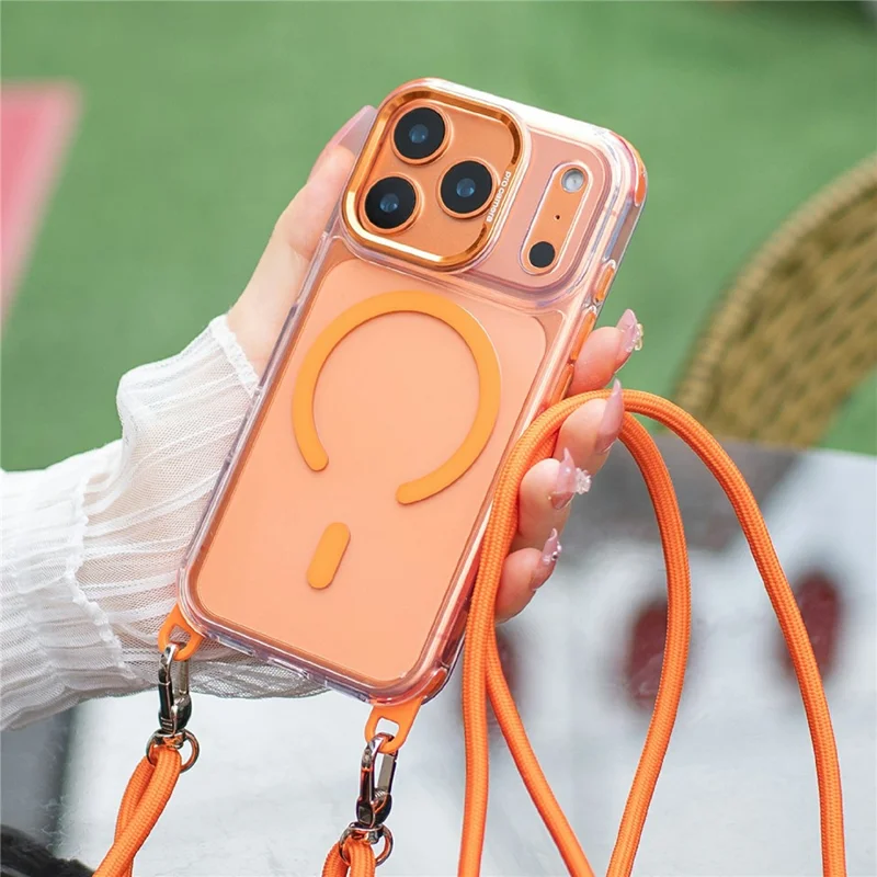 For iPhone 17 Pro Max Case Compatible with MagSafe Clear Acrylic + TPU Phone Cover with Adjustable Lanyard - Transparent Orange