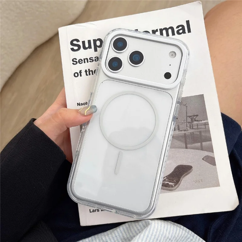 For iPhone 17 Pro Clear Magnetic Phone Case Colorful Edge TPU PC Back Cover Compatible with MagSafe - White