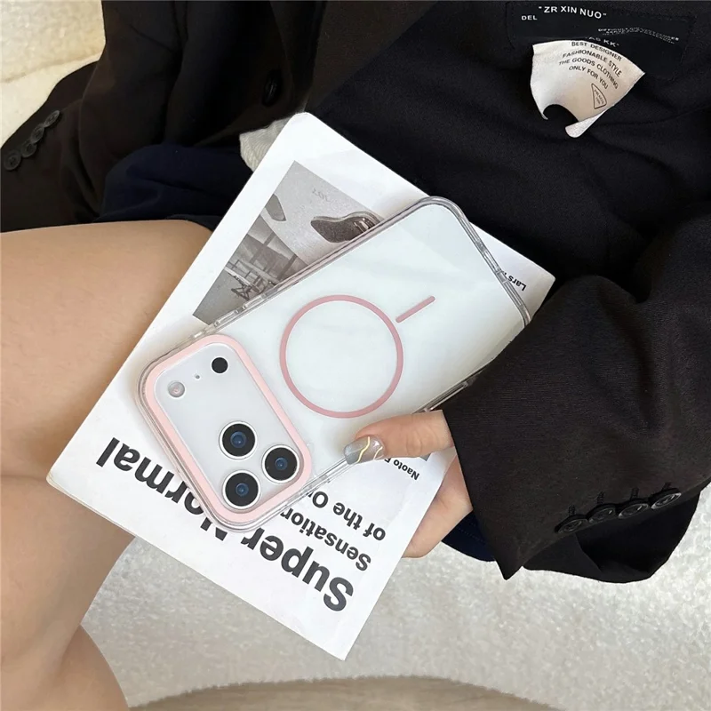 For iPhone 17 Pro Clear Magnetic Phone Case Colorful Edge TPU PC Back Cover Compatible with MagSafe - White