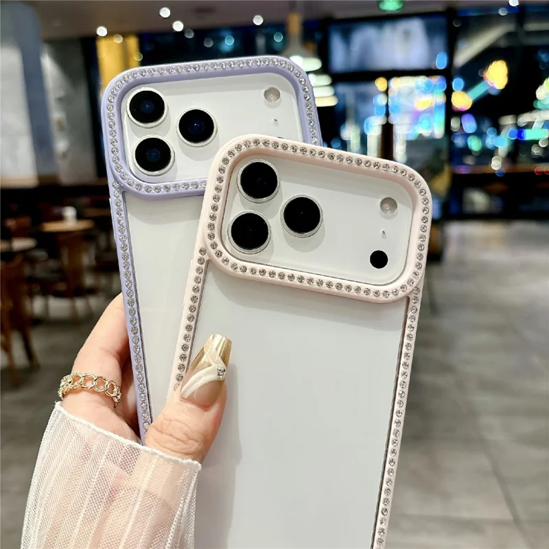 For iPhone 17 Pro Max Clear Phone Case Luxury Crystal Rhinestone Edge Decor PC TPU Protective Cover - Black