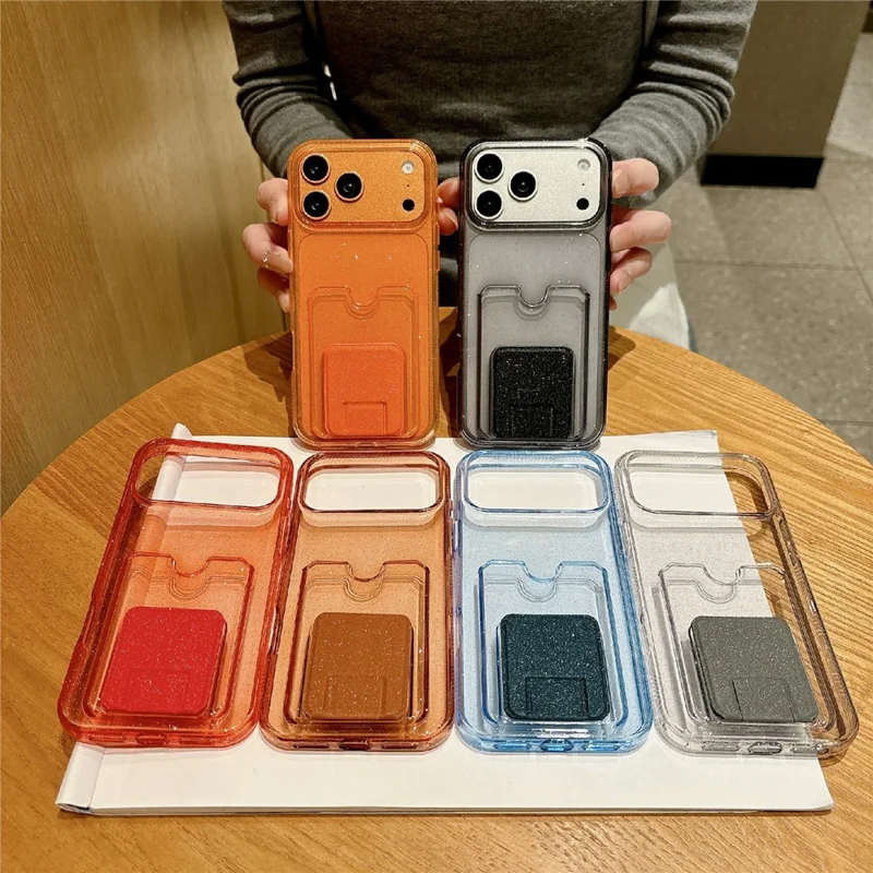 For iPhone 17 Pro Glitter Phone Case 2.0mm Shockproof TPU Phone Cover with Card Holder Kickstand - Orange