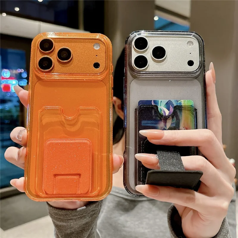 For iPhone 17 Pro Glitter Phone Case 2.0mm Shockproof TPU Phone Cover with Card Holder Kickstand - Orange