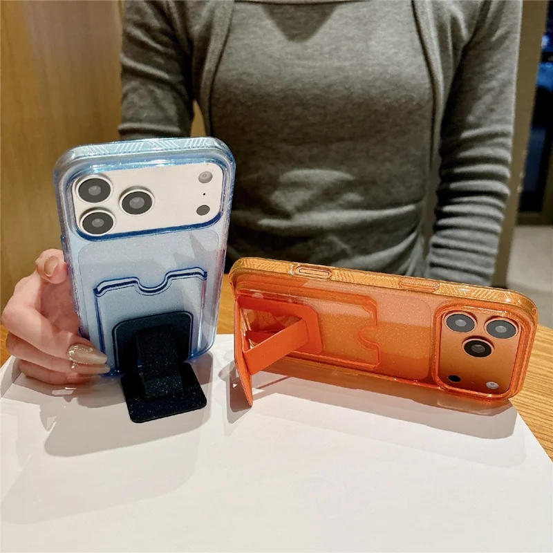 For iPhone 17 Pro Glitter Phone Case 2.0mm Shockproof TPU Phone Cover with Card Holder Kickstand - Orange