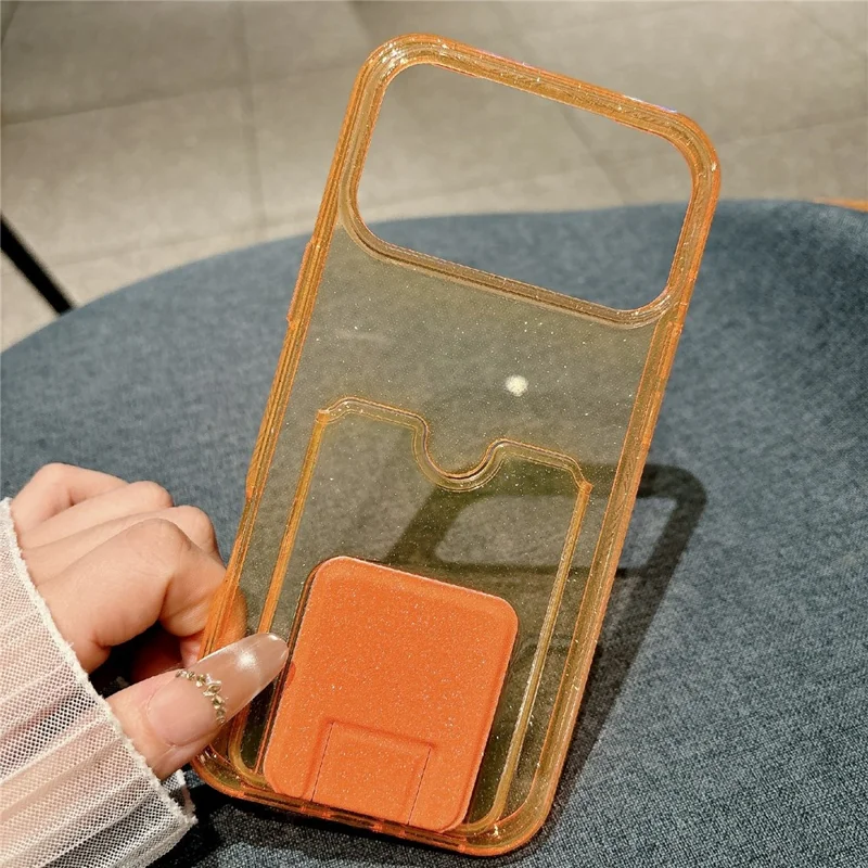For iPhone 17 Pro Glitter Phone Case 2.0mm Shockproof TPU Phone Cover with Card Holder Kickstand - Orange