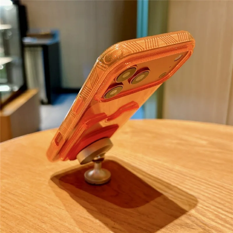 For iPhone 17 Pro Glitter Phone Case 2.0mm Shockproof TPU Phone Cover with Card Holder Kickstand - Orange