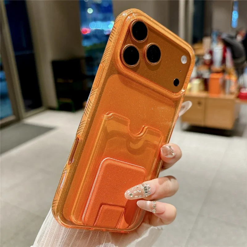 For iPhone 17 Pro Glitter Phone Case 2.0mm Shockproof TPU Phone Cover with Card Holder Kickstand - Orange