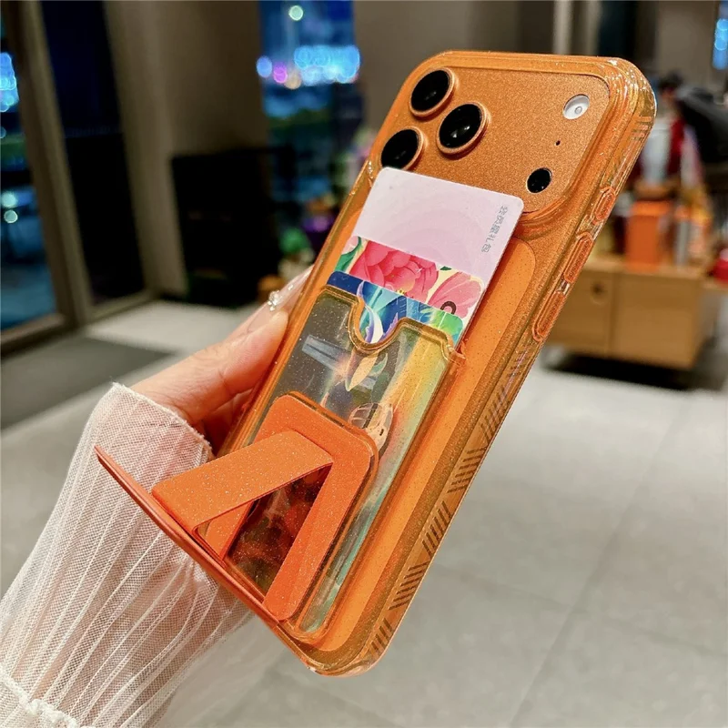 For iPhone 17 Pro Glitter Phone Case 2.0mm Shockproof TPU Phone Cover with Card Holder Kickstand - Orange