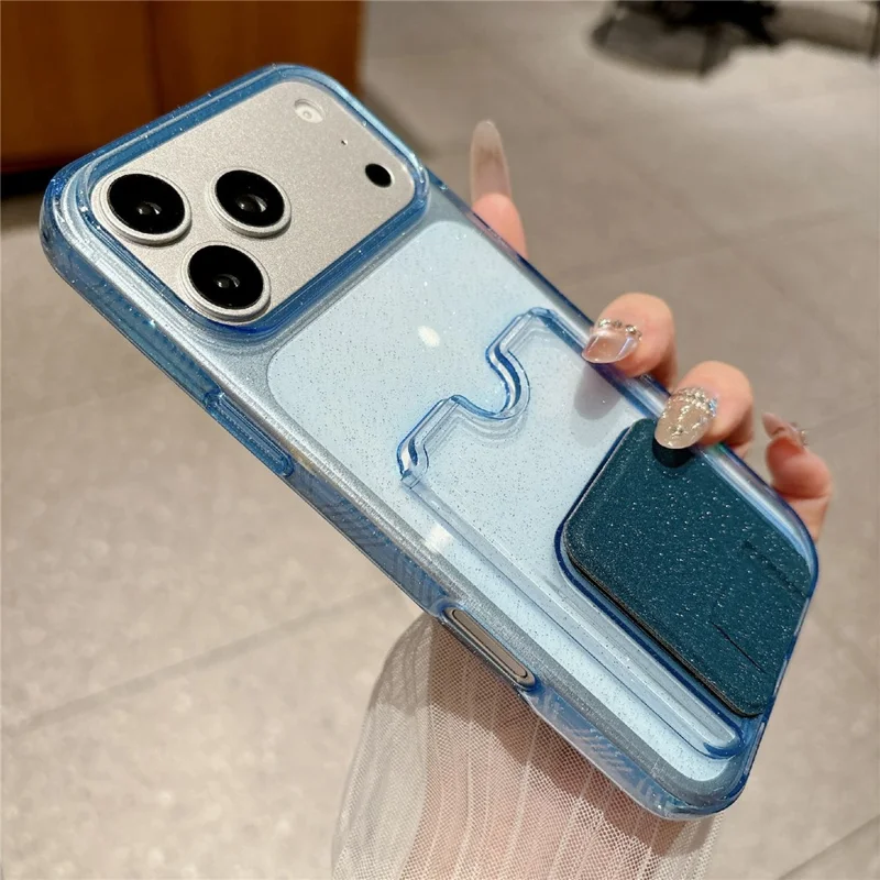 For iPhone 17 Pro Glitter Phone Case 2.0mm Shockproof TPU Phone Cover with Card Holder Kickstand - Navy Blue