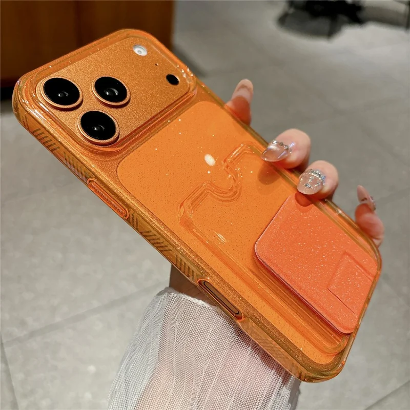 For iPhone 17 Pro Max Glitter Phone Case 2.0mm Shockproof TPU Phone Cover with Card Holder Kickstand - Orange