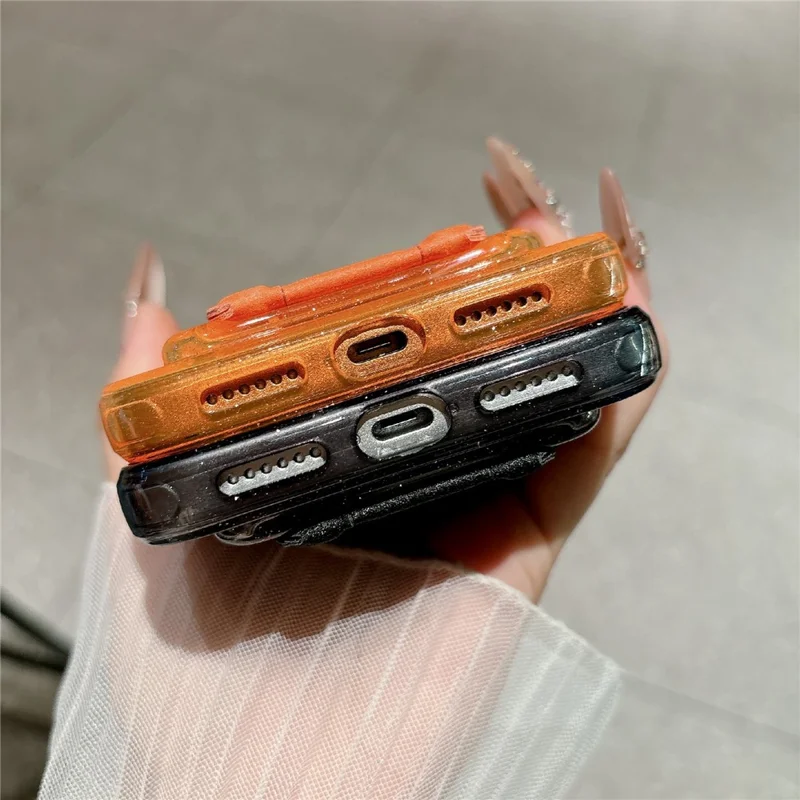 For iPhone 17 Pro Max Glitter Phone Case 2.0mm Shockproof TPU Phone Cover with Card Holder Kickstand - Orange