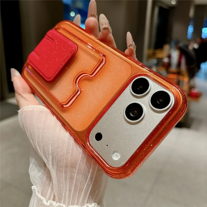 For iPhone 17 Pro Max Glitter Phone Case 2.0mm Shockproof TPU Phone Cover with Card Holder Kickstand - Orange