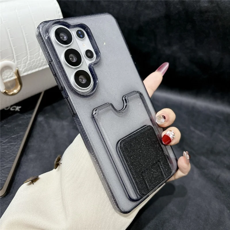 For Samsung Galaxy S25 Ultra Glitter Phone Case 2.0mm Shockproof TPU Phone Cover with Card Holder Kickstand - Black