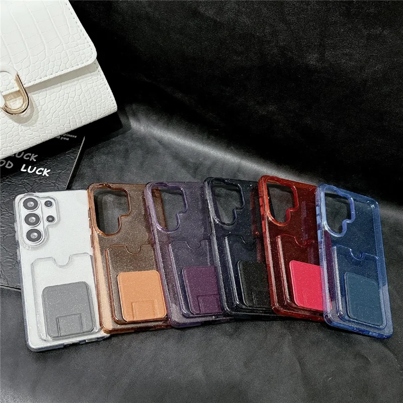 For Samsung Galaxy S25 Ultra Glitter Phone Case 2.0mm Shockproof TPU Phone Cover with Card Holder Kickstand - Black