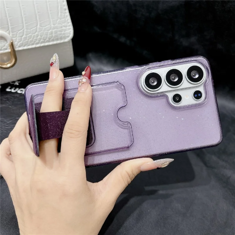 For Samsung Galaxy S25 Ultra Glitter Phone Case 2.0mm Shockproof TPU Phone Cover with Card Holder Kickstand - Black