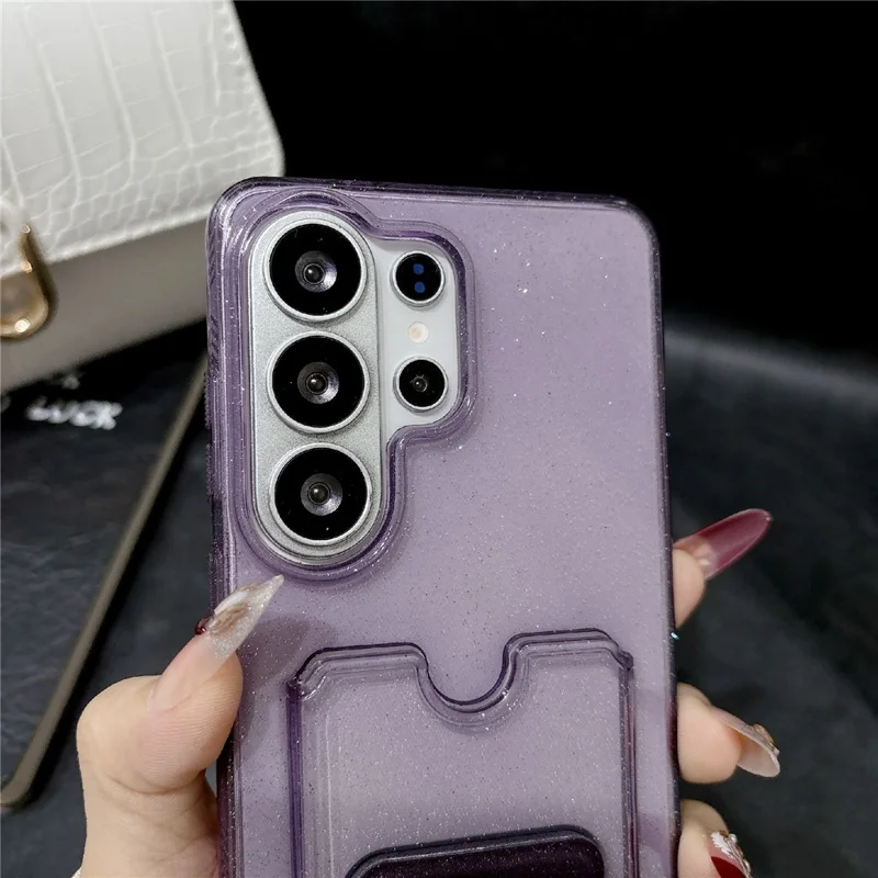 For Samsung Galaxy S25 Ultra Glitter Phone Case 2.0mm Shockproof TPU Phone Cover with Card Holder Kickstand - Black