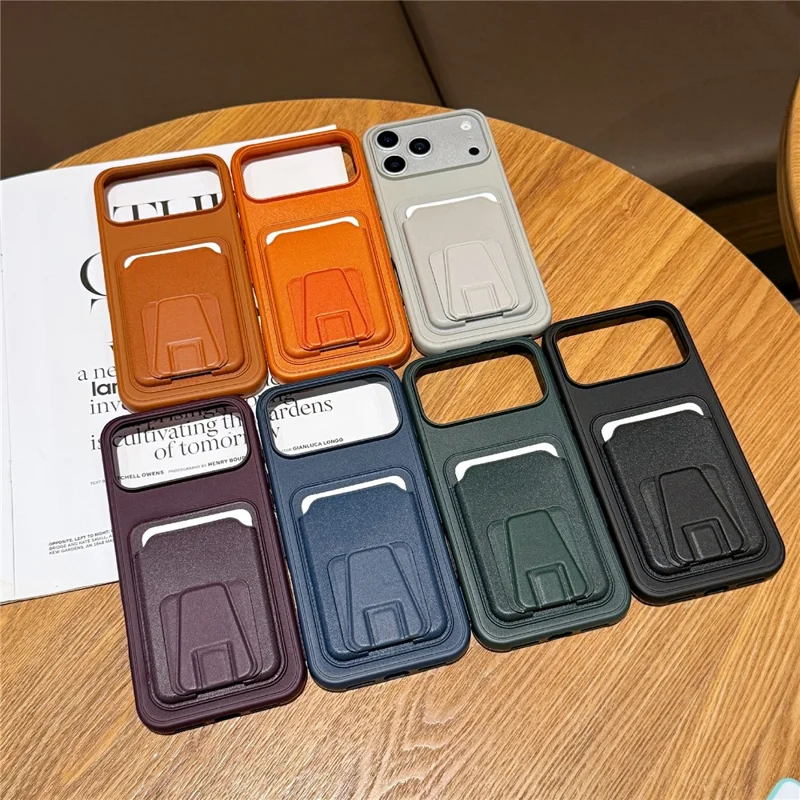 For iPhone 17 Pro Phone Case with Card Holder Kickstand Leather PC TPU Shockproof Protective Cover - Dark Green