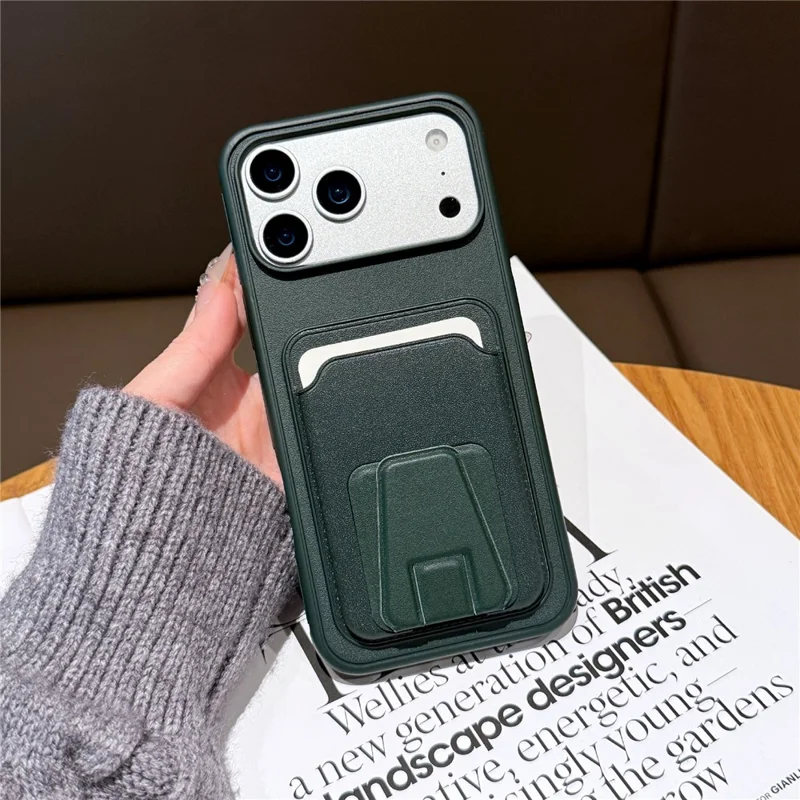 For iPhone 17 Pro Max Phone Case with Card Holder Kickstand Leather PC TPU Shockproof Protective Cover - Dark Green